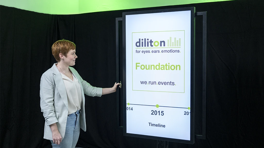 Eine Person bedient einen großen, rollbaren Multitouch-Bildschirm, auf dem eine Präsentation zum Unternehmen „diliton“ mit Timeline angezeigt wird.