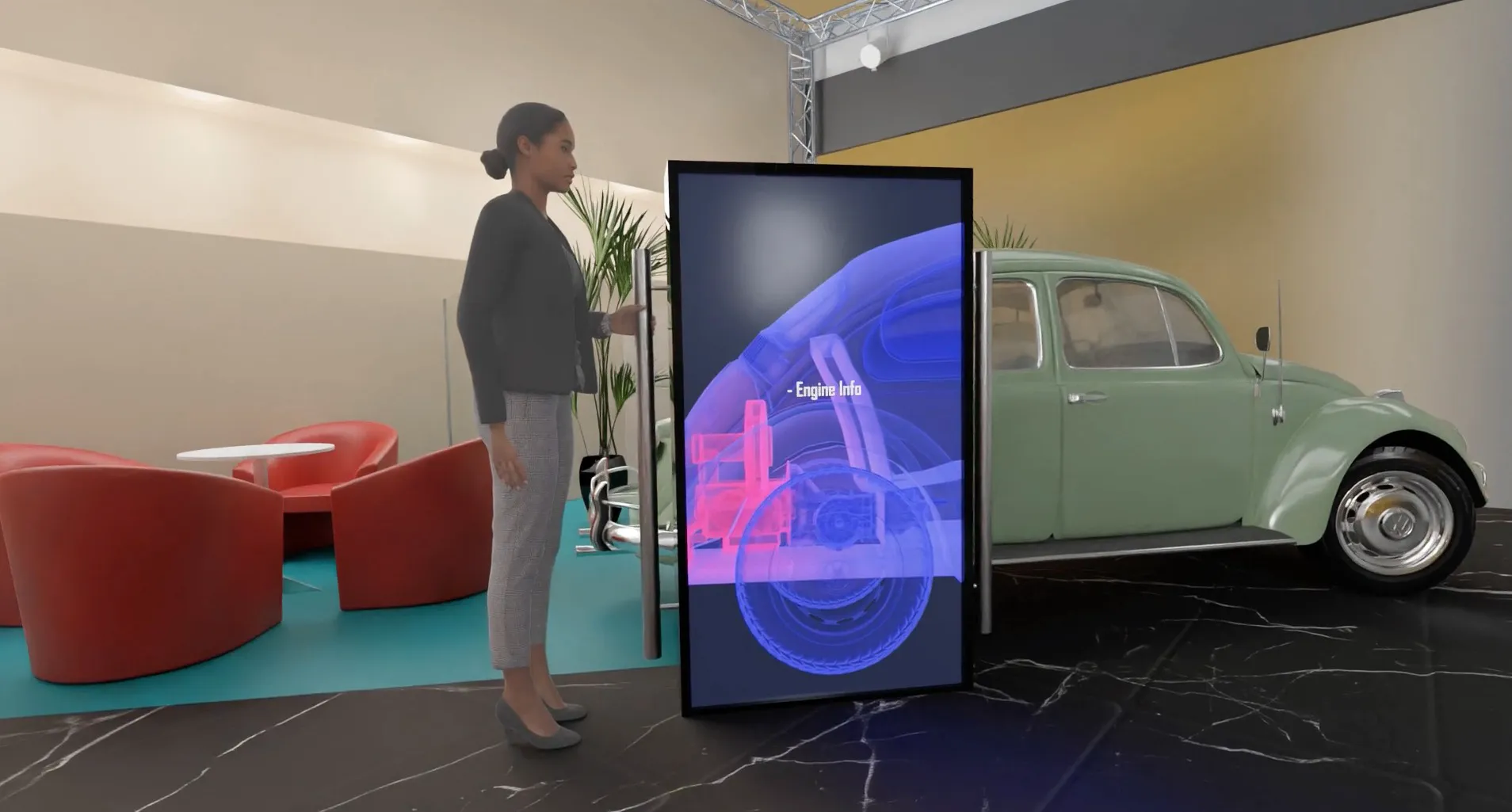Der rollbare Multitouch-Bildschirm „X-Ray“ zeigt eine transparente Ansicht eines VW-Käfers, der sich dahinter befindet; eine Person bedient das Gerät auf einer Präsentationsfläche.