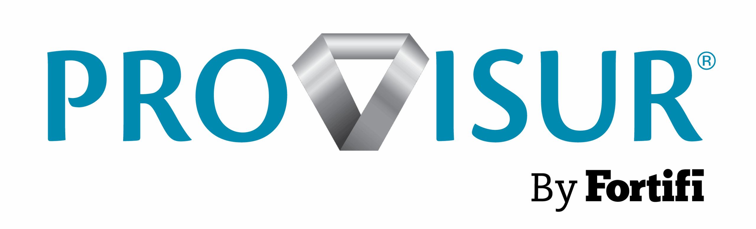 Das Firmenlogo von Provisur. Der Schriftzug „PROVISUR“ ist in blauer, serifenloser Schrift gehalten. Das „O“ ist als stilisiertes, dreidimensional wirkendes Dreieck in glänzender Silberoptik dargestellt. Oben rechts befindet sich ein kleines Registriert-Symbol.