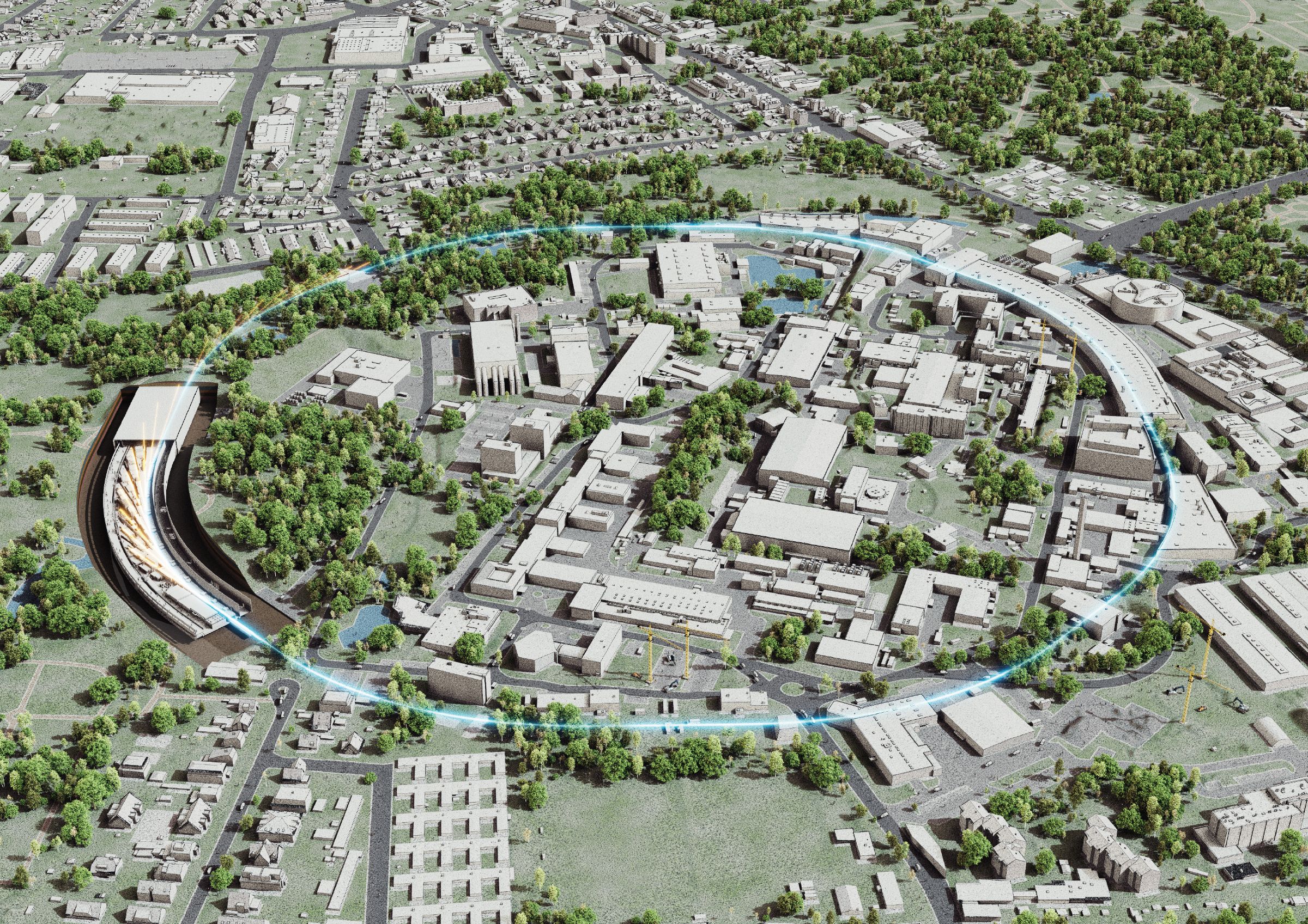 Digitales 3D-Modell des DESY-Campus in Hamburg für das Zukunftsprojekt PETRA IV. Ein leuchtend blauer Grafik-Ring symbolisiert den unterirdischen Verlauf des neuen Röntgenmikroskops im Stadtteil Bahrenfeld.