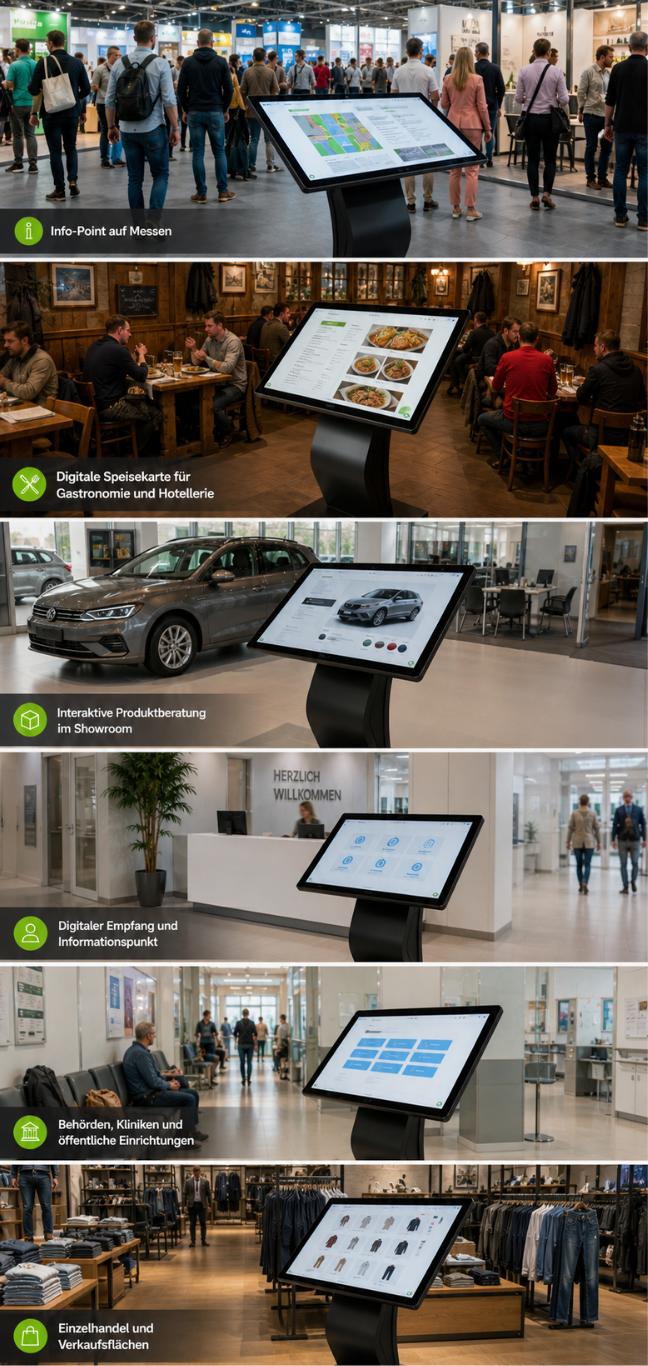 Übersichtliche Infografik mit sechs Praxisbeispielen eines horizontalen Touch-Terminals: Gezeigt werden Einsätze als Info-Point auf Messen, digitale Speisekarte in der Gastronomie, interaktive Produktberatung im Autohaus, digitaler Empfang, Kiosk-Stele in Behörden sowie als Verkaufsfläche im Einzelhandel.