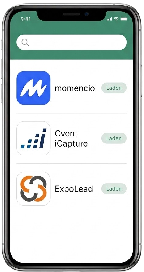 Grafik eines Smartphones mit einem App-Store, der eine Übersicht der drei Messe Lead Apps momencio, Cvent iCapture und ExpoLead in einer Liste zeigt.