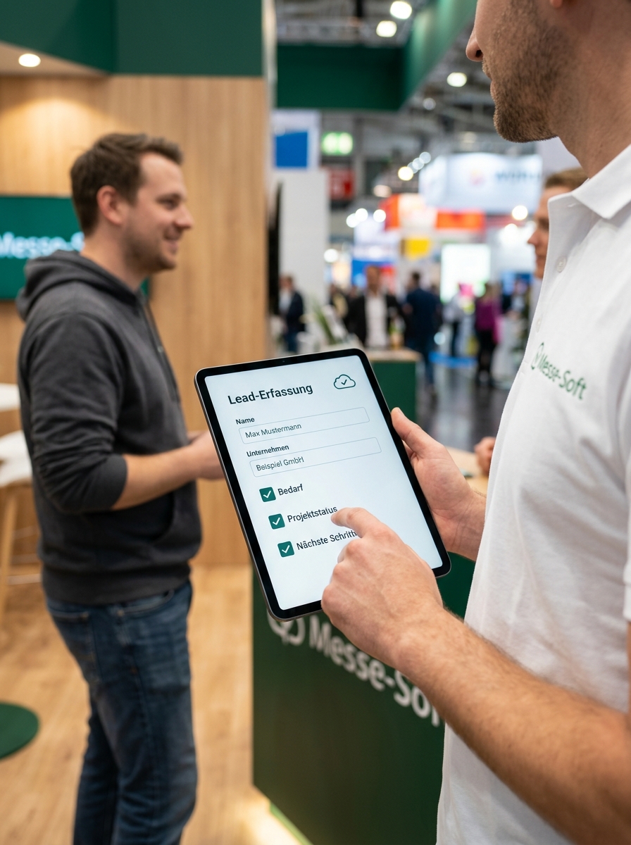 Nahaufnahme eines Mitarbeiters, der ein Tablet mit einer deutschsprachigen App zur Messe Lead Erfassung bedient, während im Hintergrund ein Gespräch mit einem Besucher stattfindet.