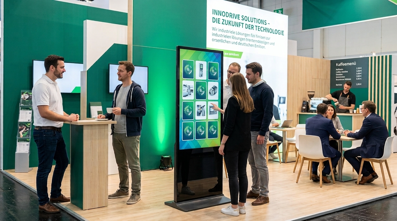 Ein moderner Messestand zur digitalen Messe Lead Generierung mit einer interaktiven Touch-Stele für Besucher und einem Beratungsgespräch im Vordergrund.