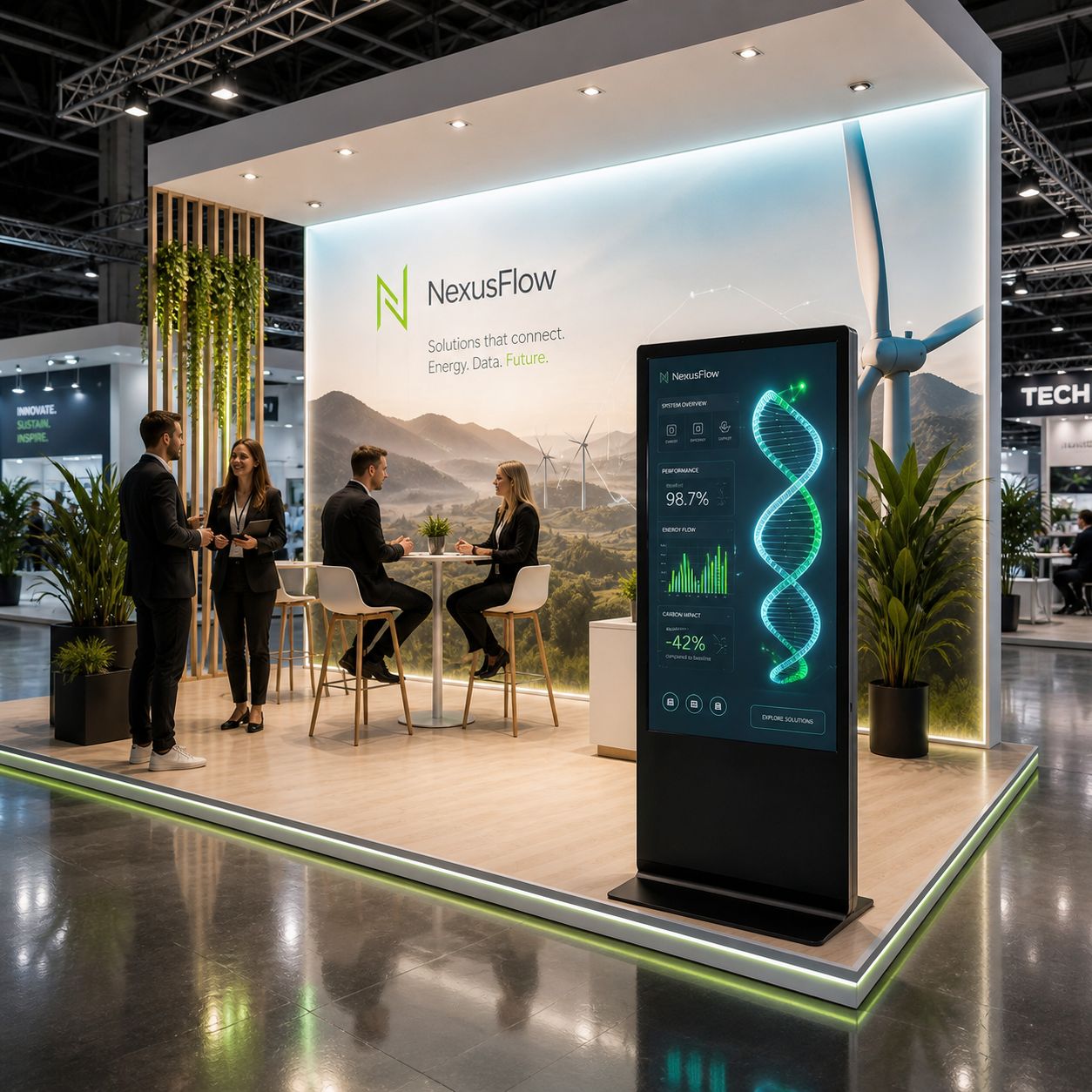 Moderner, offener 3x3m Messestand mit einer hinterleuchteten LED-Rückwand der Marke NexusFlow, einem hellen Holzboden und einer freistehenden, vertikalen digitalen Touch-Stele im Vordergrund, die eine interaktive 3D-Helix-Animation zeigt.
