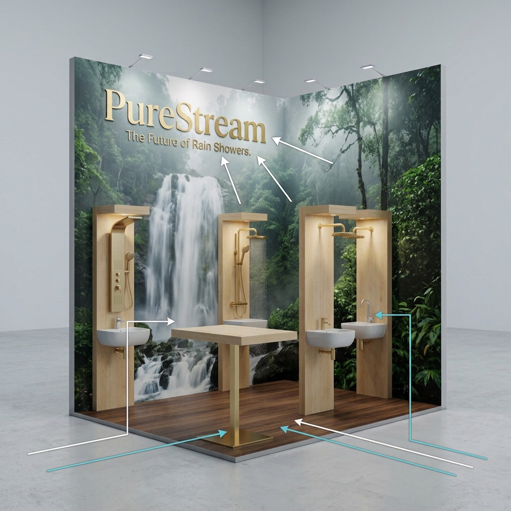 3D-Infografik eines Duschkopf-Messestandes mit einer hohen Rückwand, die ein Wasserfall-Naturmotiv zeigt, und integrierten, reinen Overlay-Pfeilen zur Verdeutlichung wichtiger Gestaltungselemente.