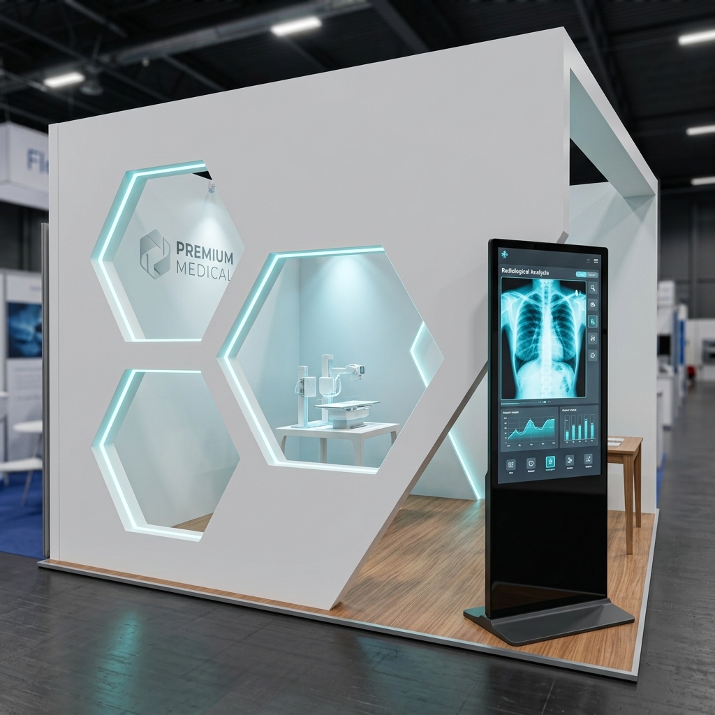 Moderner Medizintechnik-Eckmessestand mit einem warmen Holzfußboden, einer weißen Trennwand mit drei leuchtenden, sechseckigen Gucklöchern, die den Blick auf ein Röntgengerät freigeben, und einer vertikalen diliton Touch-Stele mit einer Röntgenbild-Analyse im Vordergrund.