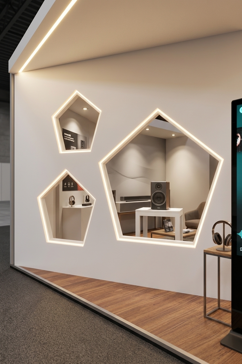 Moderner Messestand für Soundsysteme mit einem warmen Holzfußboden, einer weißen Trennwand mit drei beleuchteten, fünfeckigen Gucklöchern, die den Blick auf einen Lautsprecher im Inneren freigeben, und einer Kopfhörer-Station im Vordergrund.