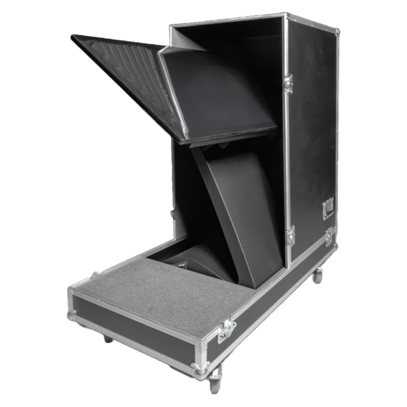 Dreiteiliges Transport-Case für ein Touch-Terminal auf Rollen. Die obere Haube des Flightcases ist in zwei Hälften geteilt. Das Case lässt sich dadurch komfortabel seitlich öffnen. Dadurch müssen die Gehäuseteile beim Aufbau nicht mühsam über die hohe Stele gehoben werden.