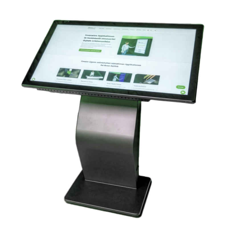 Frontansicht eines horizontalen Touch-Terminals mit einem schlanken K-Sockel. Auf dem leicht geneigten Touchscreen-Display ist eine übersichtliche Benutzeroberfläche mit Vorschaubildern für digitale Medienanwendungen zu sehen.