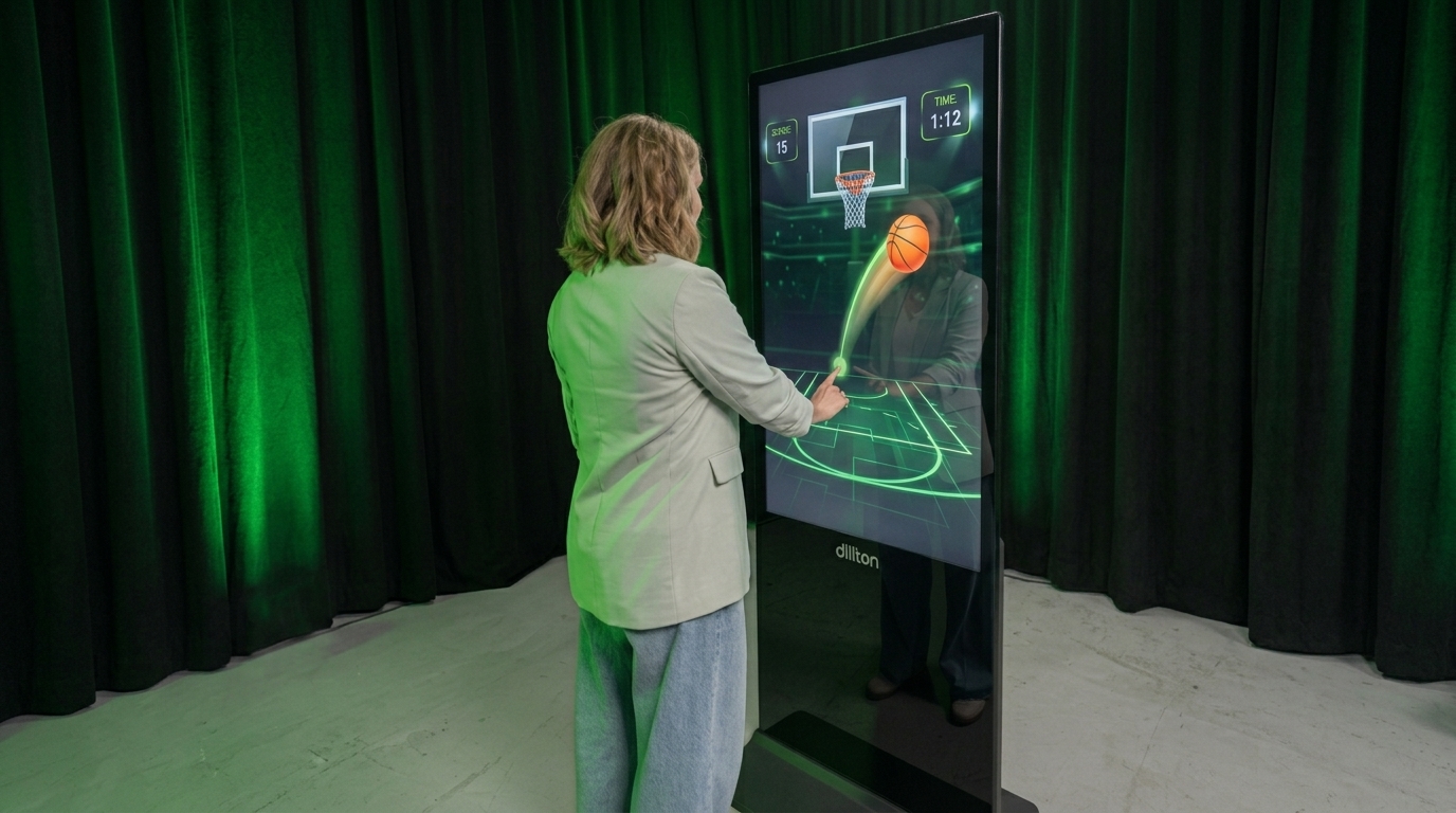 Eine Frau spielt ein digitales Basketball-Spiel per Touch-Bedienung auf einer großen vertikalen Touch Stele vor einem grünen Vorhang.