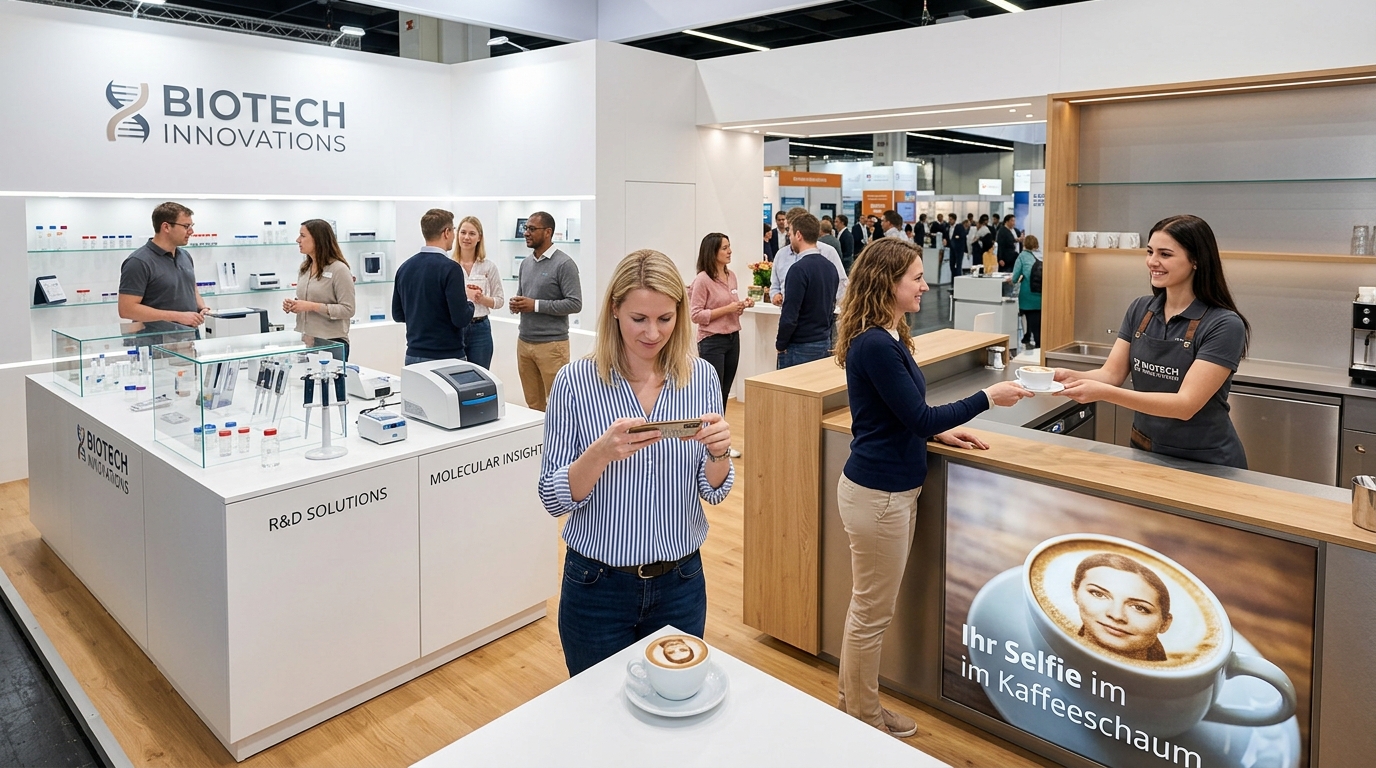 Eine Frau fotografiert mit ihrem Smartphone ein Selfie-Bild im Kaffeeschaum, während eine Barista an einer Kaffee-Bar auf einem B2B-Messestand eine Tasse Kaffee anreicht.