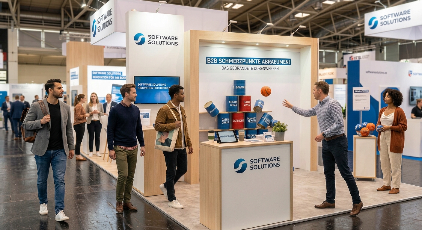 Ein Mann wirft einen kleinen Ball auf eine Pyramide aus Dosen bei einer Dosenwerfen-Aktion an einem hellen B2B-Messestand mit der Aufschrift Software Solutions.