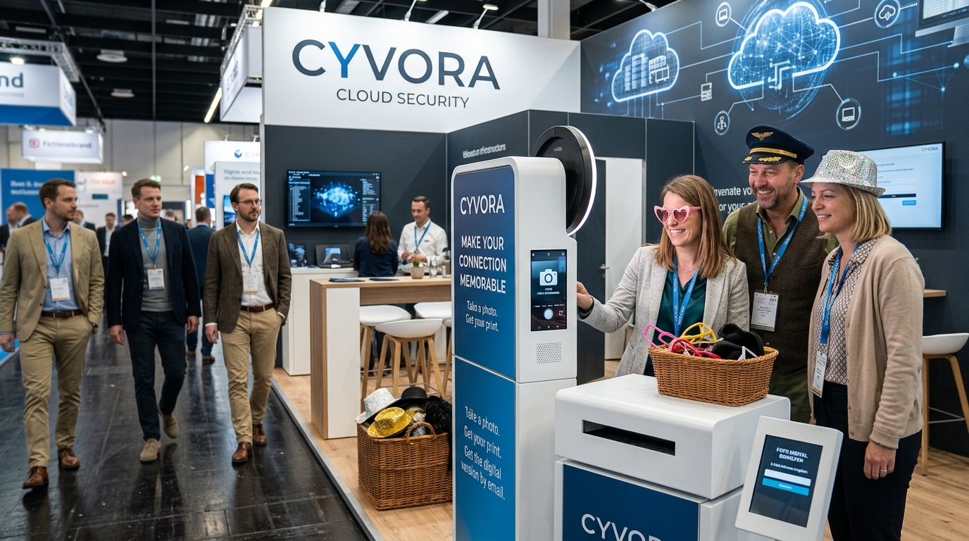 Eine Gruppe von Messebesuchern mit lustigen Requisiten und Hüten nutzt eine smarte Fotobox an einem B2B-Messestand.