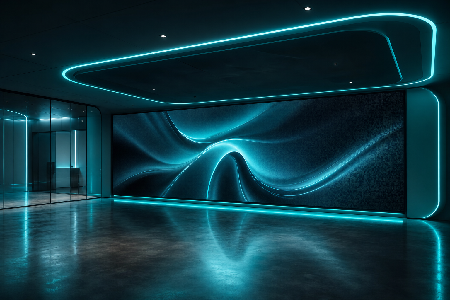 Ein moderner, digitaler Showroom mit einer großflächigen LED-Videowand und einem interaktiven Beleuchtungskonzept. An der Wand im Hintergrund ist ein riesiger Bildschirm zu sehen, der abstrakte, fließende Wellenformen in leuchtendem Cyan und Schwarz anzeigt. Der Raum hat einen glänzenden, dunklen Betonboden, auf dem sich das Licht spiegelt. Die Decke und die Seitenwände sind mit minimalistischen LED-Lichtbändern in derselben cyanblauen Farbe umrahmt. Links befindet sich eine verglaste Trennwand, die den Blick in einen weiteren Raum freigibt. Die gesamte Atmosphäre wirkt futuristisch, minimalistisch und technologieorientiert.