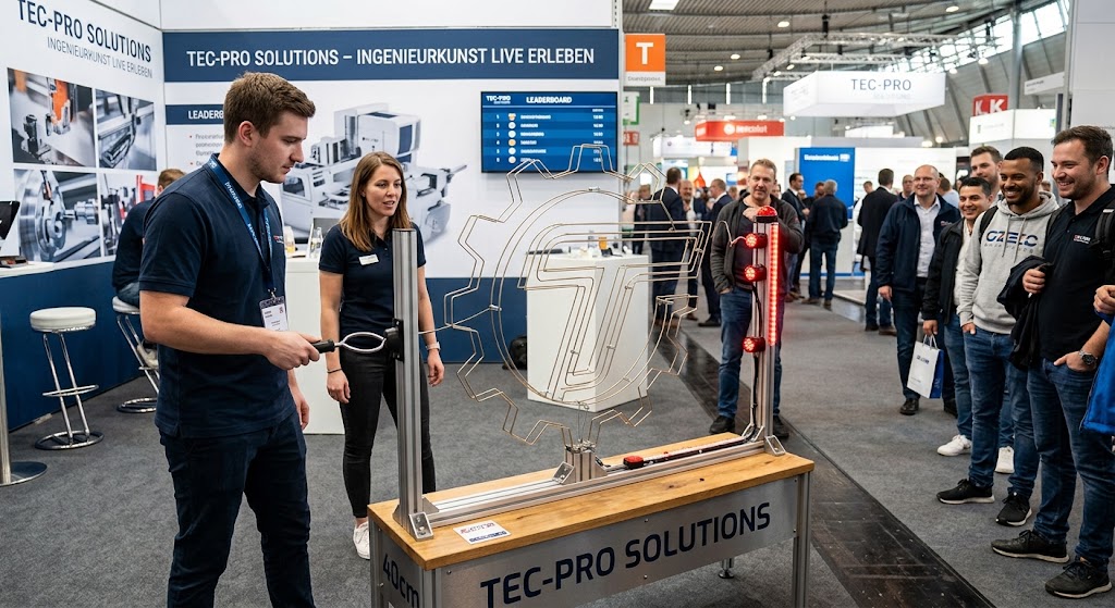 Ein Messebesucher versucht konzentriert ein Spielgerät zum Heißen Draht in Form eines großen Zahnrads zu bedienen, während Zuschauer am B2B-Messestand von Tec-Pro Solutions zusehen.