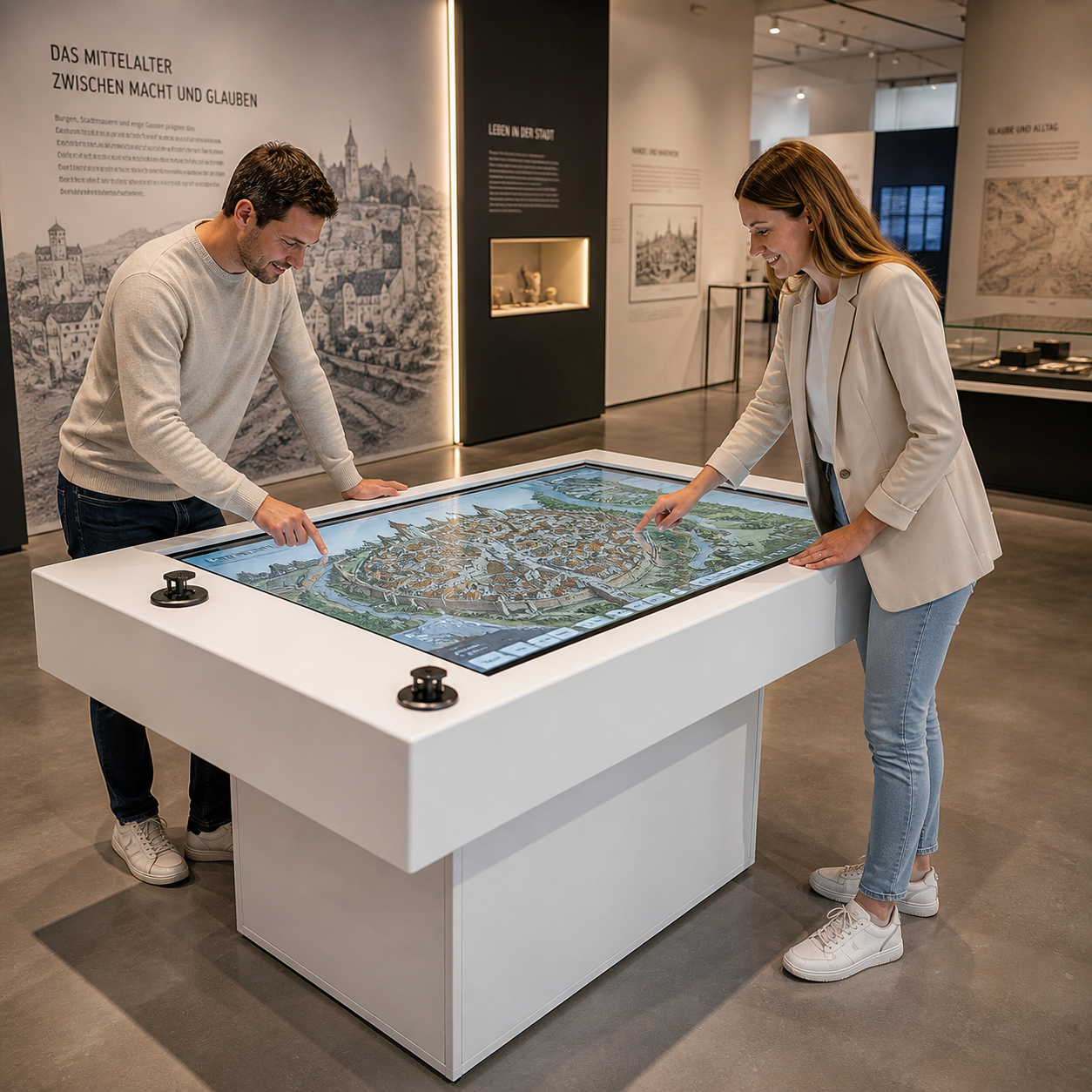 Zwei Museumsbesucher interagieren an einer digitalen Medienstation in einer Ausstellung über das Mittelalter und bedienen gleichzeitig den interaktiven Multitouch-Tisch von diliton mit einer historischen Stadtkarte auf dem Display.