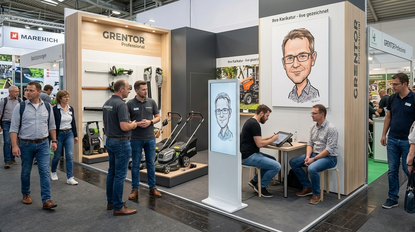 Ein digitaler Schnellzeichner skizziert auf einem Grafiktablet eine Karikatur eines sitzenden Mannes, die live auf einer Stele am B2B-Messestand übertragen wird.
