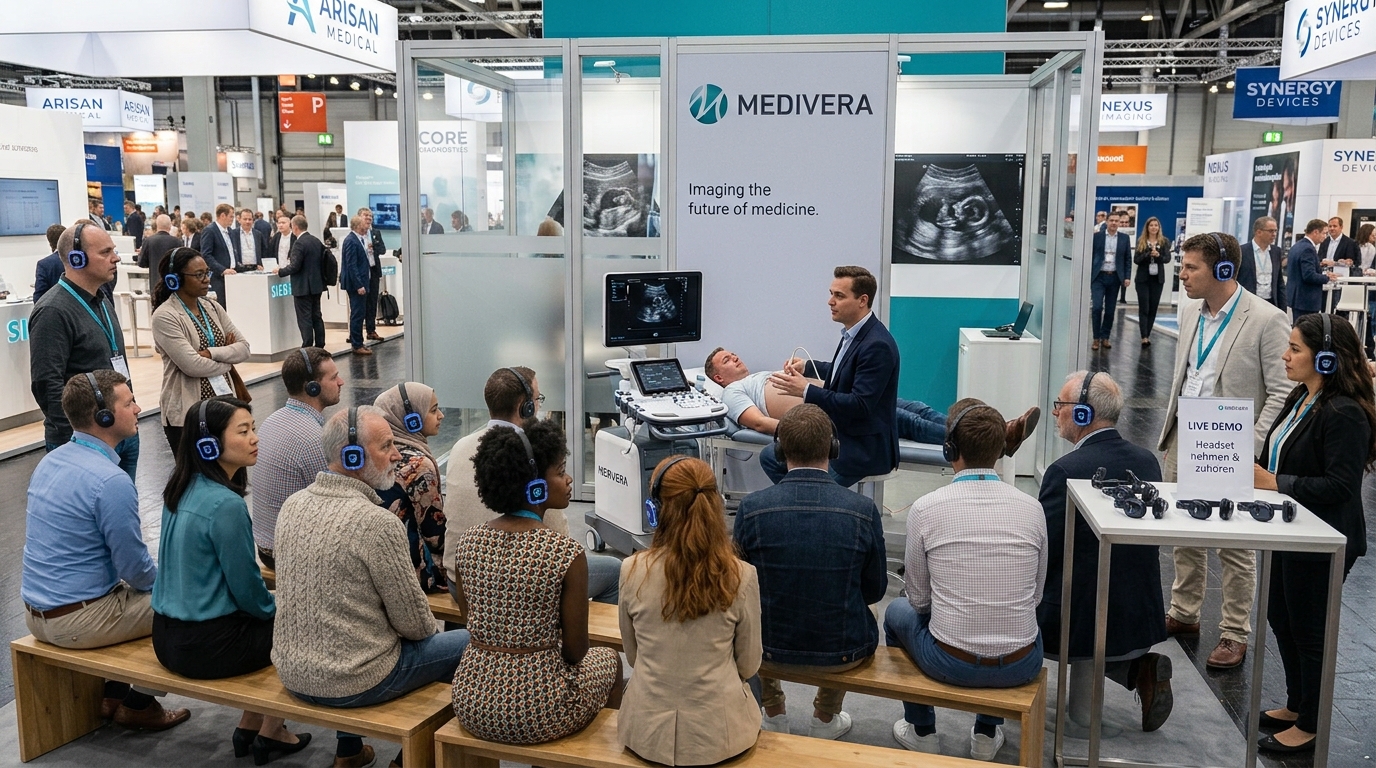 Eine Gruppe von Messebesuchern sitzt mit blauen Kopfhörern auf Bänken und verfolgt eine Live-Ultraschall-Vorführung an einem B2B-Messestand.