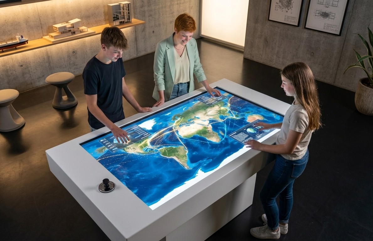 Drei Museumsbesucher aus der Vogelperspektive an einer interaktiven Medienstation im Museum, die gemeinsam eine leuchtende digitale Weltkarte auf einem weißen Multitouch-Tisch mit Objekterkennungs-Marker bedienen.