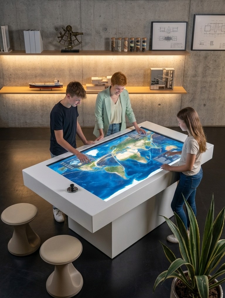 Drei Museumsbesucher aus der Vogelperspektive an einer interaktiven Medienstation im Museum, die gemeinsam eine leuchtende digitale Weltkarte auf einem weißen Multitouch-Tisch mit Objekterkennungs-Marker bedienen.