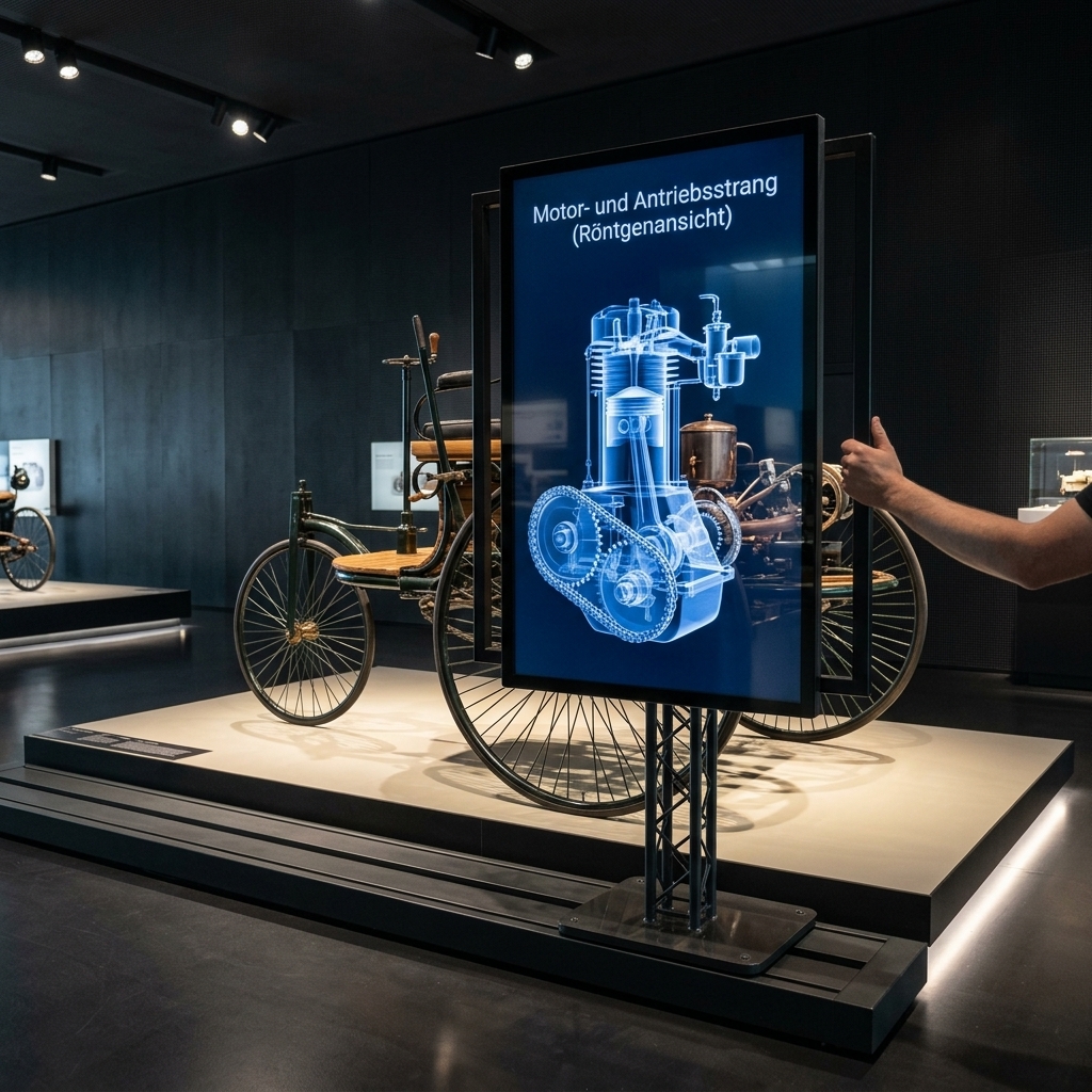 Ein interaktiver diliton Sliding Screen auf einem Schienensystem vor einem historischen Benz Patent-Motorwagen im Museum, der auf dem Display eine digitale 3D-Röntgenansicht des Motor- und Antriebsstrangs zeigt, während eine Hand den Bildschirm schiebt.
