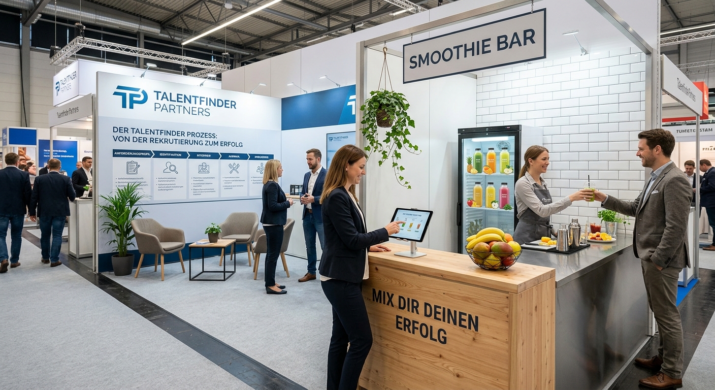 Eine Messebesucherin stellt ihren Drink an einem Tablet einer Smoothie-Bar zusammen, während eine Mitarbeiterin einem Mann einen frisch gemixten Smoothie an einem modernen B2B-Messestand reicht.
