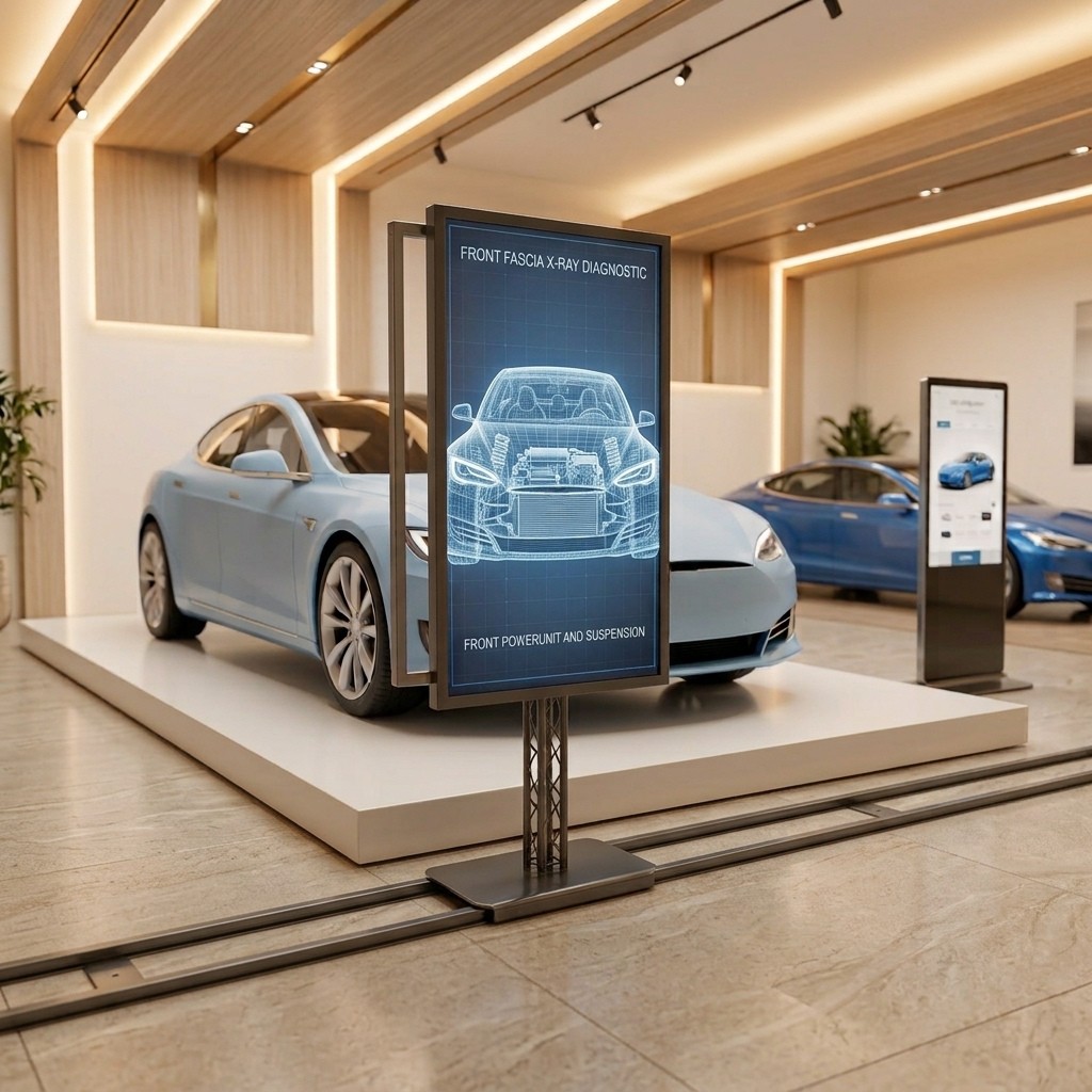 Ein moderner, digitaler Showroom mit Fokus auf ein interaktives Exponat zur Produktpräsentation. Im Vordergrund steht ein großer, vertikaler Bildschirm auf einem Bodenschienensystem. Der Monitor zeigt eine blau leuchtende Röntgen-Draufsicht (Hologramm-Grafik) eines Autos mit den englischen Beschriftungen „FRONT FASCIA X-RAY DIAGNOSTIC“ oben und „FRONT POWERUNIT AND SUSPENSION“ unten. Direkt hinter dem Bildschirm ist ein hellblaues Auto auf einem erhöhten, weißen Podest ausgestellt. Im Hintergrund stehen ein weiteres blaues Fahrzeug und eine interaktive digitale Kiosk-Stele. Der Raum ist hell ausgeleuchtet, verfügt über eine elegante Deckenverkleidung in Holzoptik und einen glänzenden Fliesenboden.