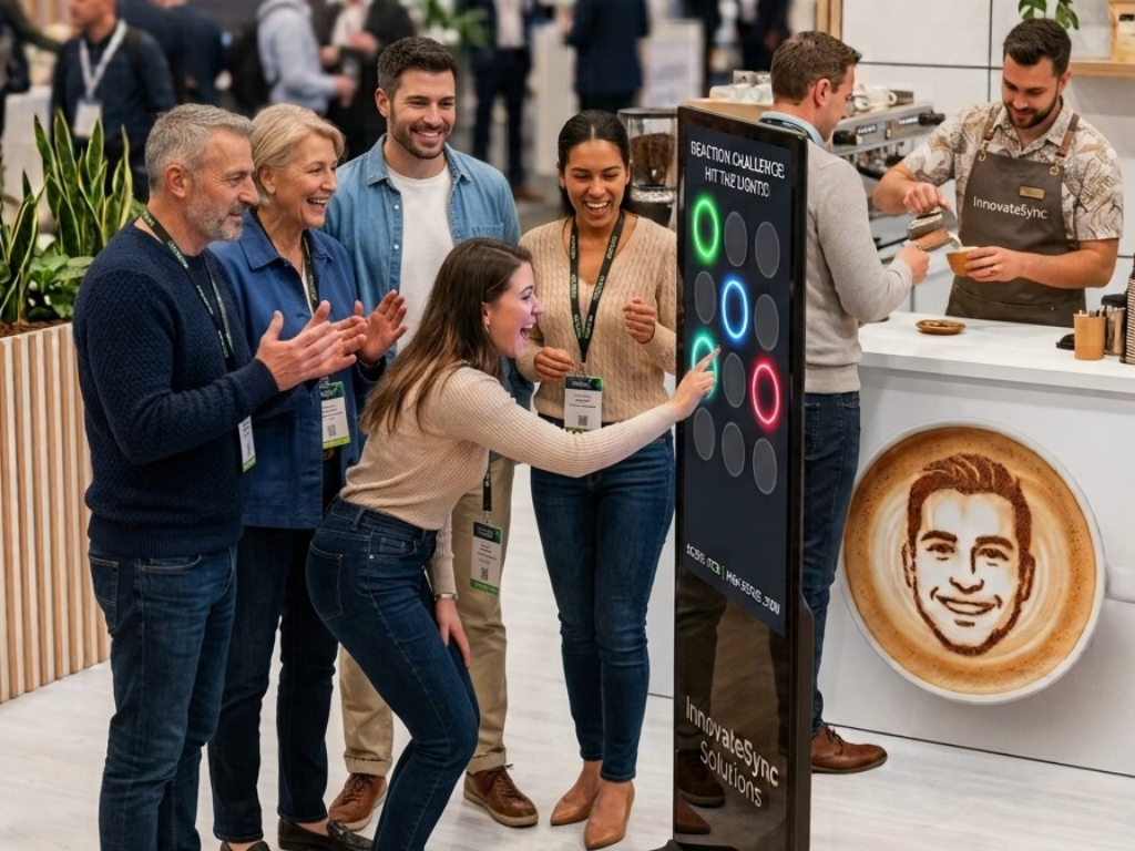 Eine Gruppe von Messebesuchern spielt begeistert ein interaktives Reaktionsspiel an einer digitalen Touch Stele auf einem Messestand, während ein Barista im Hintergrund Kaffee mit Latte Art zubereitet.