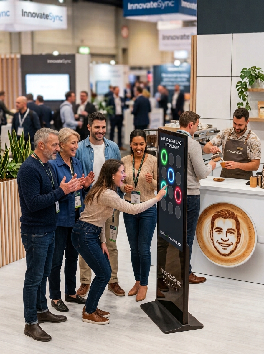 Eine Gruppe von Messebesuchern spielt begeistert ein interaktives Reaktionsspiel an einer digitalen Touch Stele auf einem Messestand, während ein Barista im Hintergrund Kaffee mit Latte Art zubereitet.