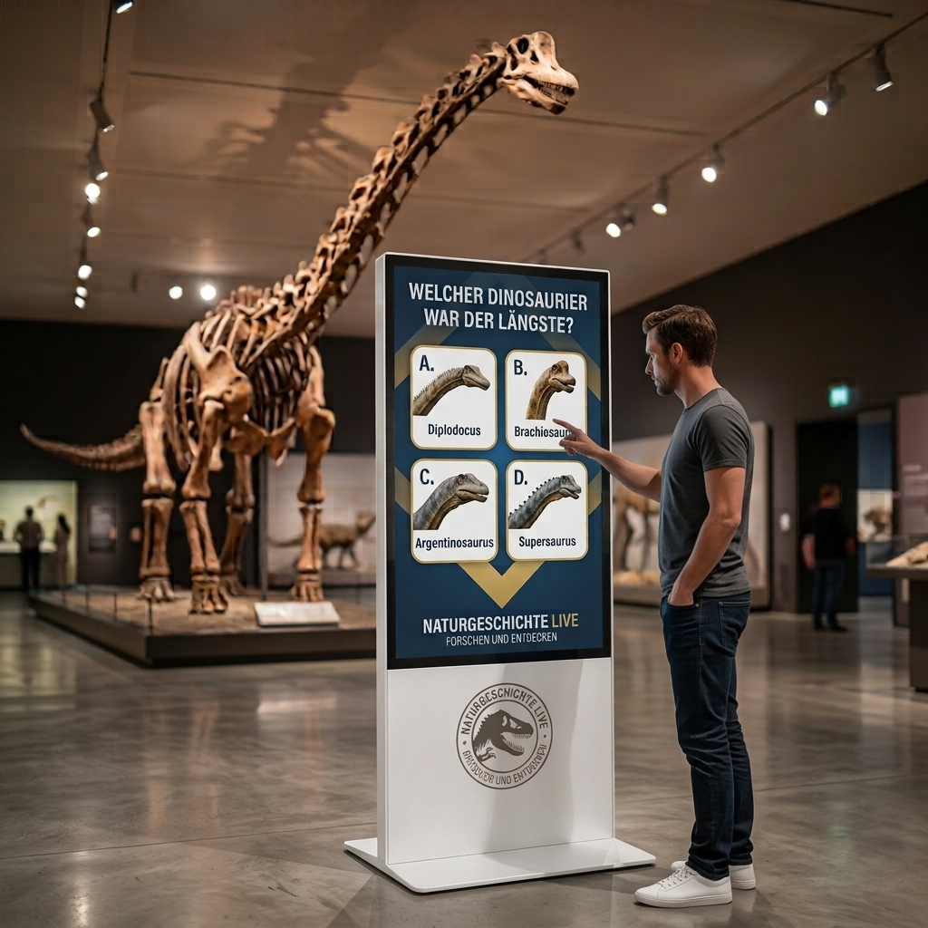 Ein Museumsbesucher bedient eine weiße interaktive Touch-Stele von diliton im Hochformat, die ein Dinosaurier-Wissensquiz als digitale Medienstation anzeigt, im Hintergrund steht ein großes Brachiosaurus-Skelett in einem Naturkundemuseum.