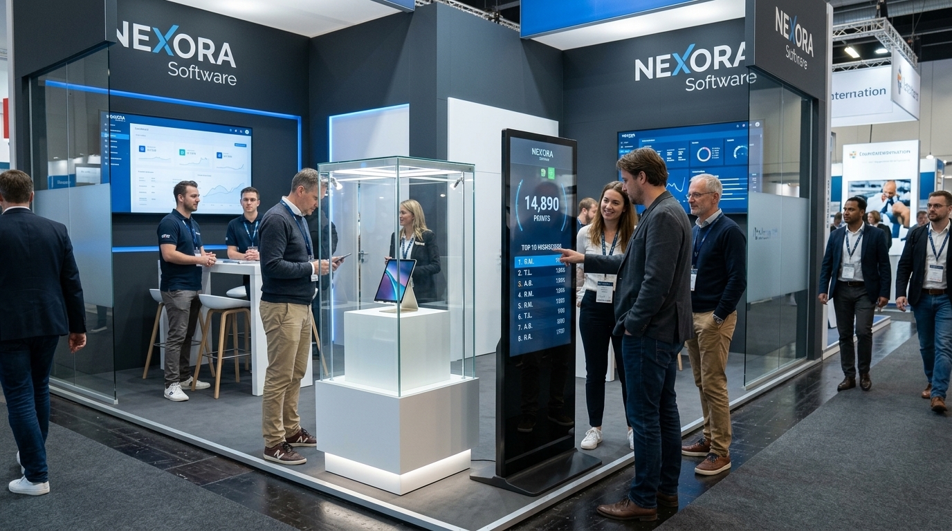 Messebesucher betrachten eine digitale Highscore-Liste auf einer Touch-Stele neben einem beleuchteten, gläsernen Tresor mit einem Tablet darin an einem Messestand.