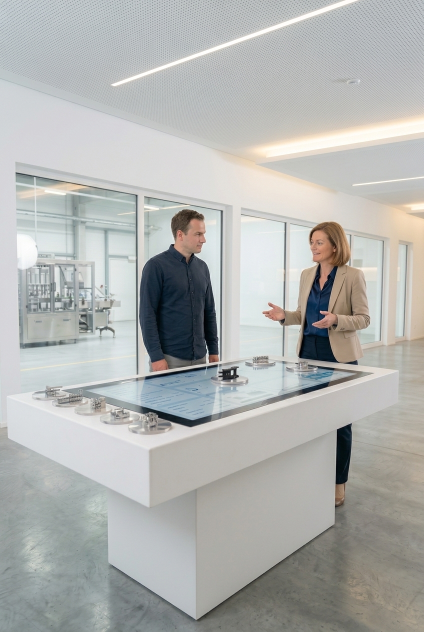 Ein moderner, hell erleuchteter B2B-Showroom, in dem ein Mann und eine Frau an einem großen, weißen Multitouch-Tisch stehen. Die Frau trägt einen beigefarbenen Blazer über einer blauen Bluse und erklärt mit einer Handbewegung den Ablauf. Der Mann im dunkelblauen Hemd hört ihr aufmerksam zu. Auf der horizontalen Bildschirmfläche des Tisches sind digitale Produktdaten zu sehen. Zudem sind mehrere physische Objektträgerplatten mit kleinen, metallischen Maschinenmodellen auf der Glasoberfläche platziert. Im Hintergrund gewähren große Glasscheiben den Blick in eine angrenzende Produktionshalle mit einer automatisierten Verpackungsanlage. Die Szene illustriert ein Beratungsgespräch im Sondermaschinenbau mittels interaktiver Objekterkennung.