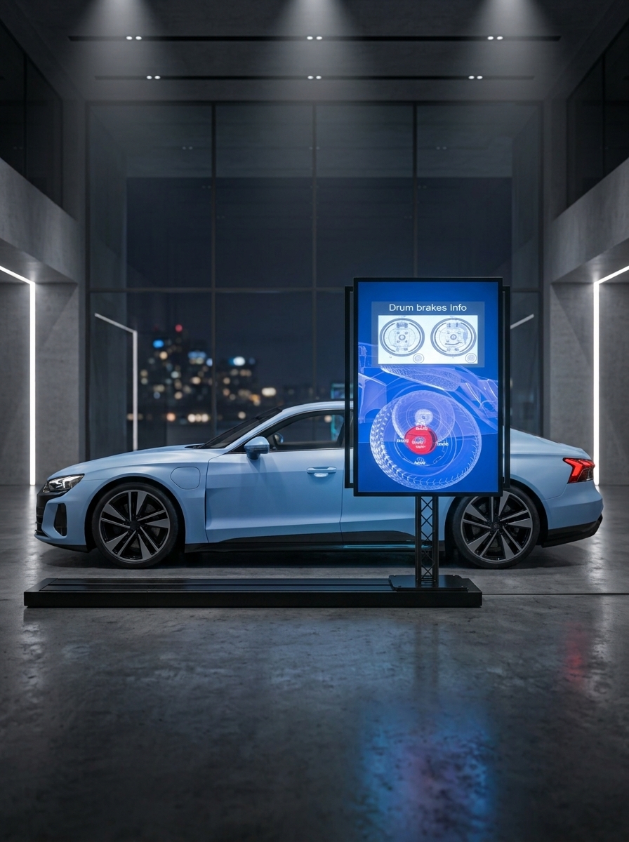 Ein moderner Automotive-Showroom bei Nacht mit einem interaktiven Informationssystem. Im Zentrum steht ein hellblaues Auto im Profil vor einer großen Fensterfront mit Blick auf eine nächtliche Skyline. Vor dem Fahrzeug ist ein vertikaler Bildschirm auf einem schwarzen Bodenschienensystem platziert. Dieser X-Ray Sliding Screen fungiert als digitaler Röntgenblick und zeigt auf blauem Hintergrund technische Details zum Bereich des Hinterrads. Oben auf dem Display ist die Überschrift „Drum brakes Info“ mit zwei technischen Zeichnungen zu sehen, darunter eine vergrößerte 3D-Visualisierung des Reifens und der Trommelbremse mit rot hervorgehobenen Komponenten. Der Raum hat einen dunklen Betonboden und wird von Decken-Spots direkt über dem Exponat ausgeleuchtet.