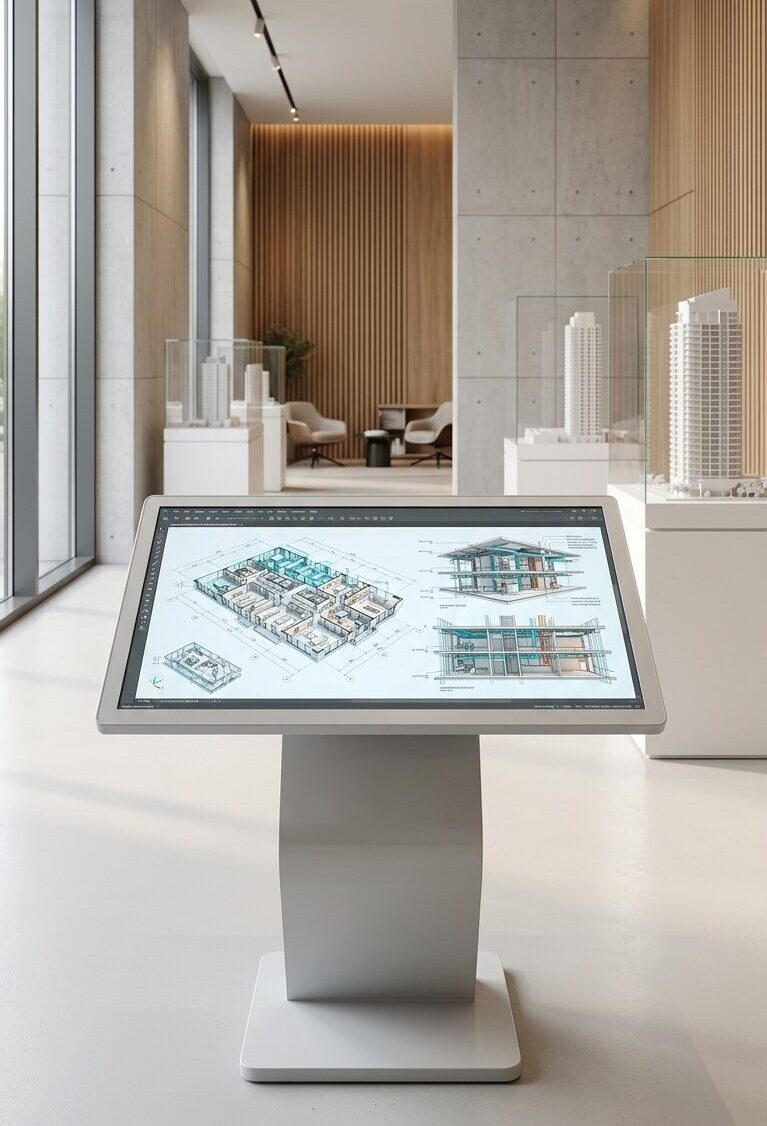 Ein helles und modern gestaltetes Planungsbüro mit einer interaktiven Touch-Stele im Vordergrund. Das angewinkelte, großformatige Display der weißen Stele zeigt detaillierte digitale Architekturpläne, darunter einen dreidimensionalen, farbigen Gebäudegrundriss sowie verschiedene Querschnitte eines Hauses. Im Hintergrund des lichtdurchfluteten Raums sind mehrere physische Architekturmodelle von Hochhäusern in gläsernen Vitrinen aufgestellt. Die Wände sind in einer Kombination aus Sichtbeton und warmen vertikalen Holzlamellen gestaltet. Eine Fensterfront auf der linken Seite erstreckt sich vom Boden bis zur Decke und beleuchtet das digitale Planungszentrum.