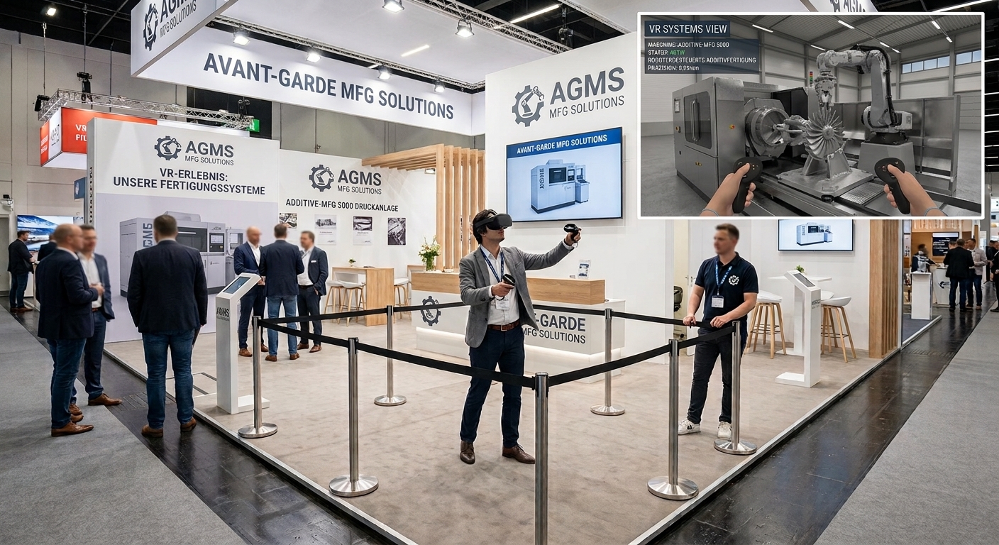 Eine Gruppe von Messebesuchern spielt begeistert ein interaktives Reaktionsspiel an einer digitalen Touch Stele auf einem Messestand, während ein Barista im Hintergrund Kaffee mit Latte Art zubereitet.
