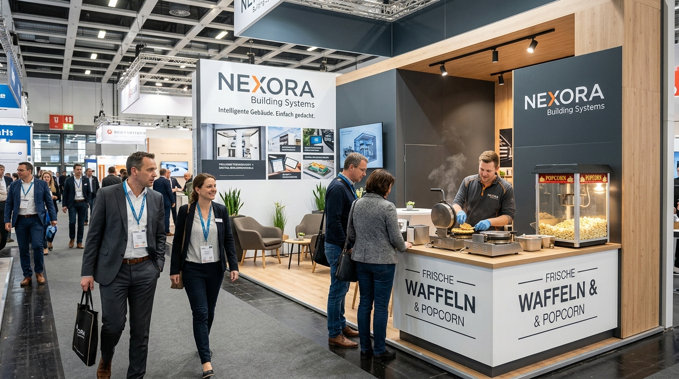 Ein Mitarbeiter backt frische Waffeln an einer Popcorn- und Waffeltheke eines modernen B2B-Messestands, um Besucher über den Duft anzulocken.